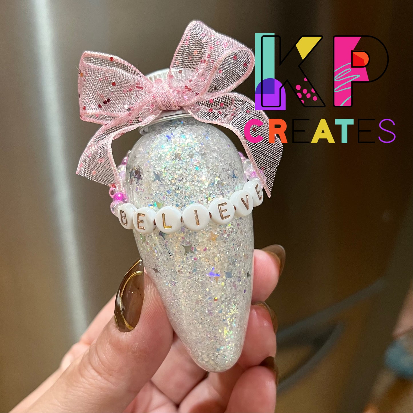 Believe White/Pink Glitter Friendship Bracelet Ornament