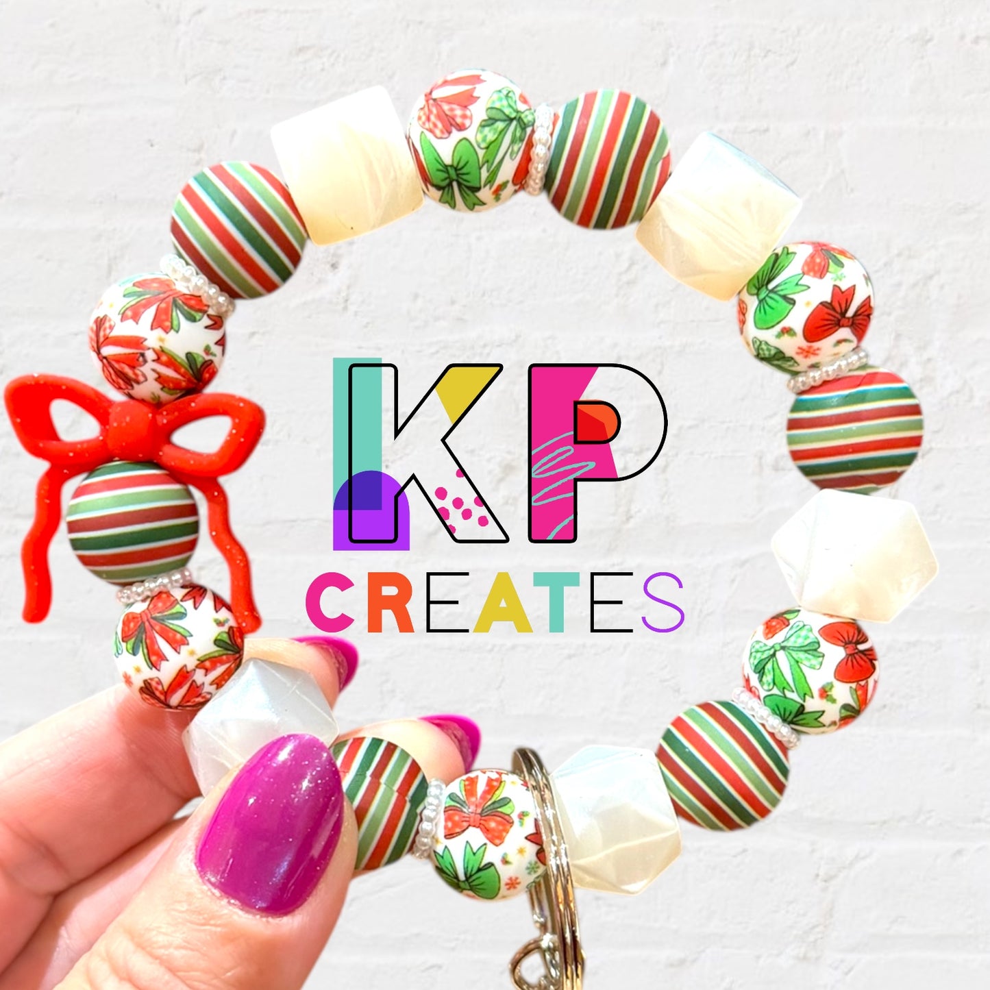 Christmas Bow Silicone Bead Wristlet Keychain