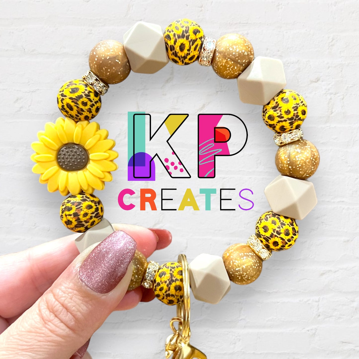 Sunflower Cheetah Silicone Bead Wristlet Keychain