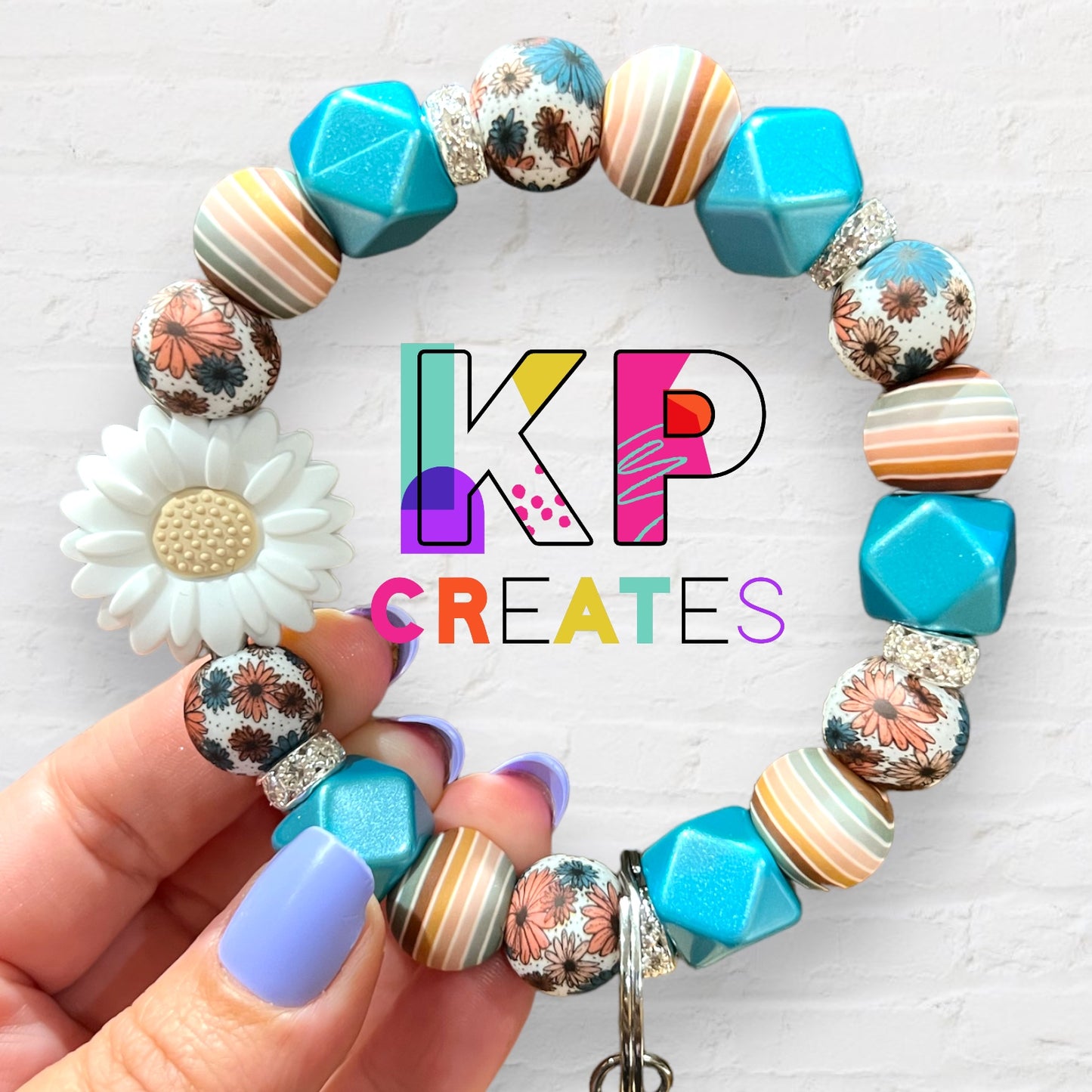 Daisy Stripes Silicone Bead Wristlet Keychain