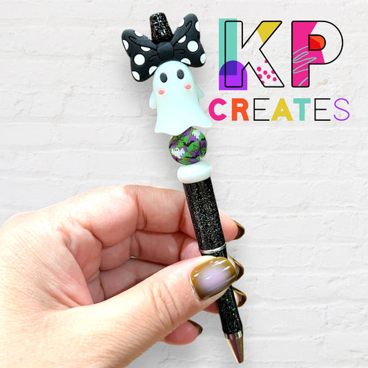 Cute Ghost with Black Polka Dot Bow Beaded Pen