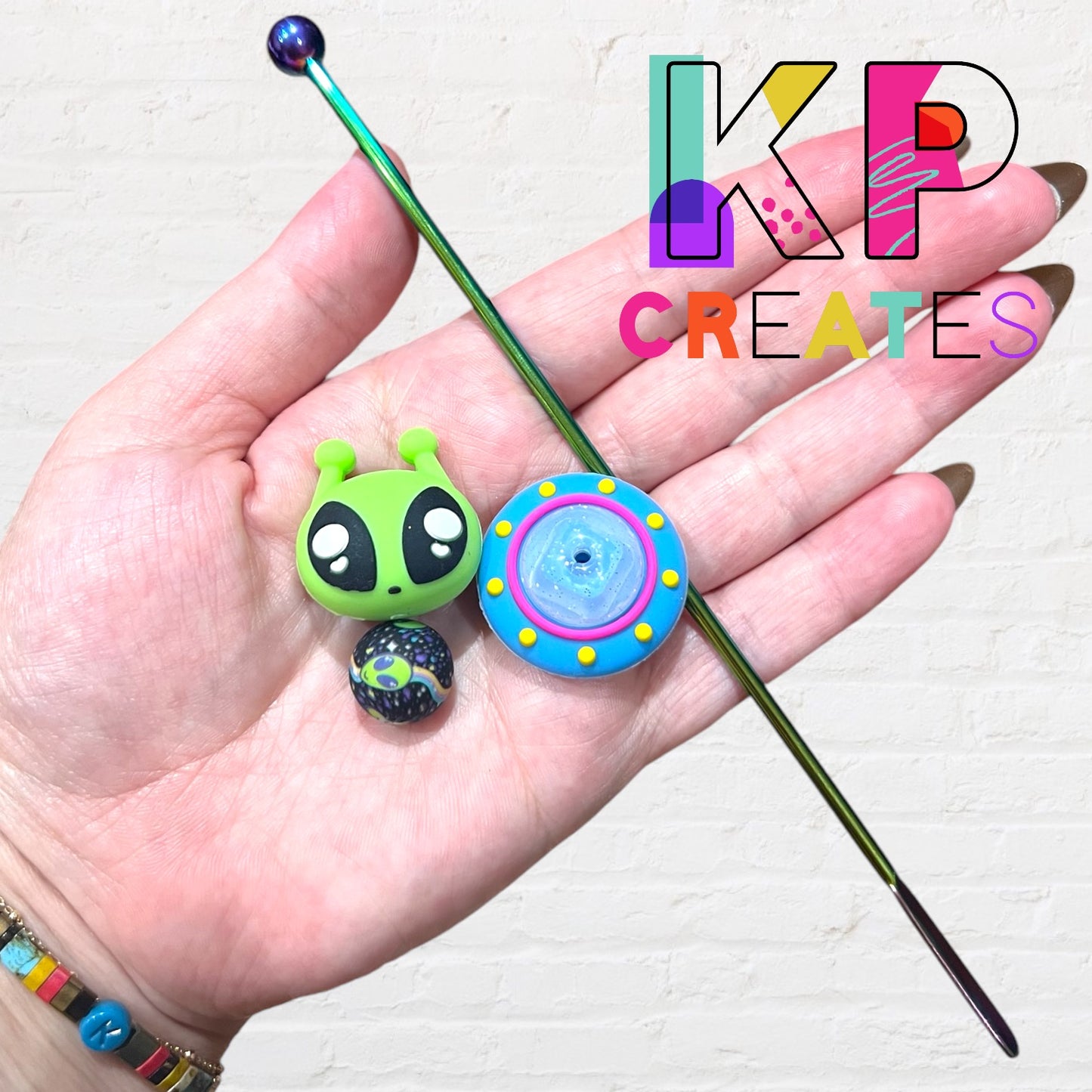 Green Alien Beaded Drink Stirrer