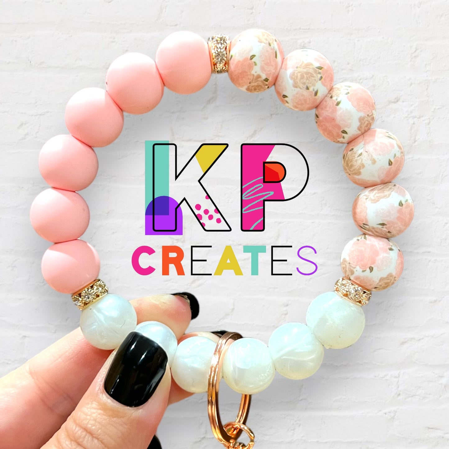 Pink Rose Color Block Silicone Bead Wristlet Keychain